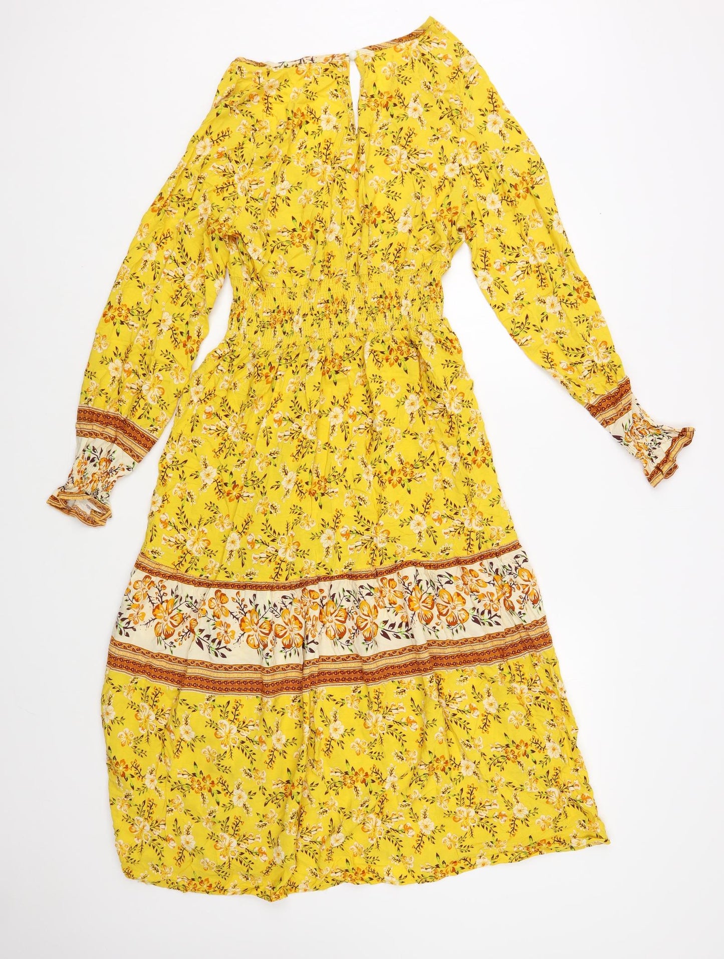 SheIn Womens Yellow Floral Viscose Fit & Flare Size M V-Neck Pullover