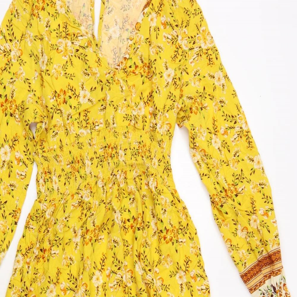 SheIn Womens Yellow Floral Viscose Fit & Flare Size M V-Neck Pullover