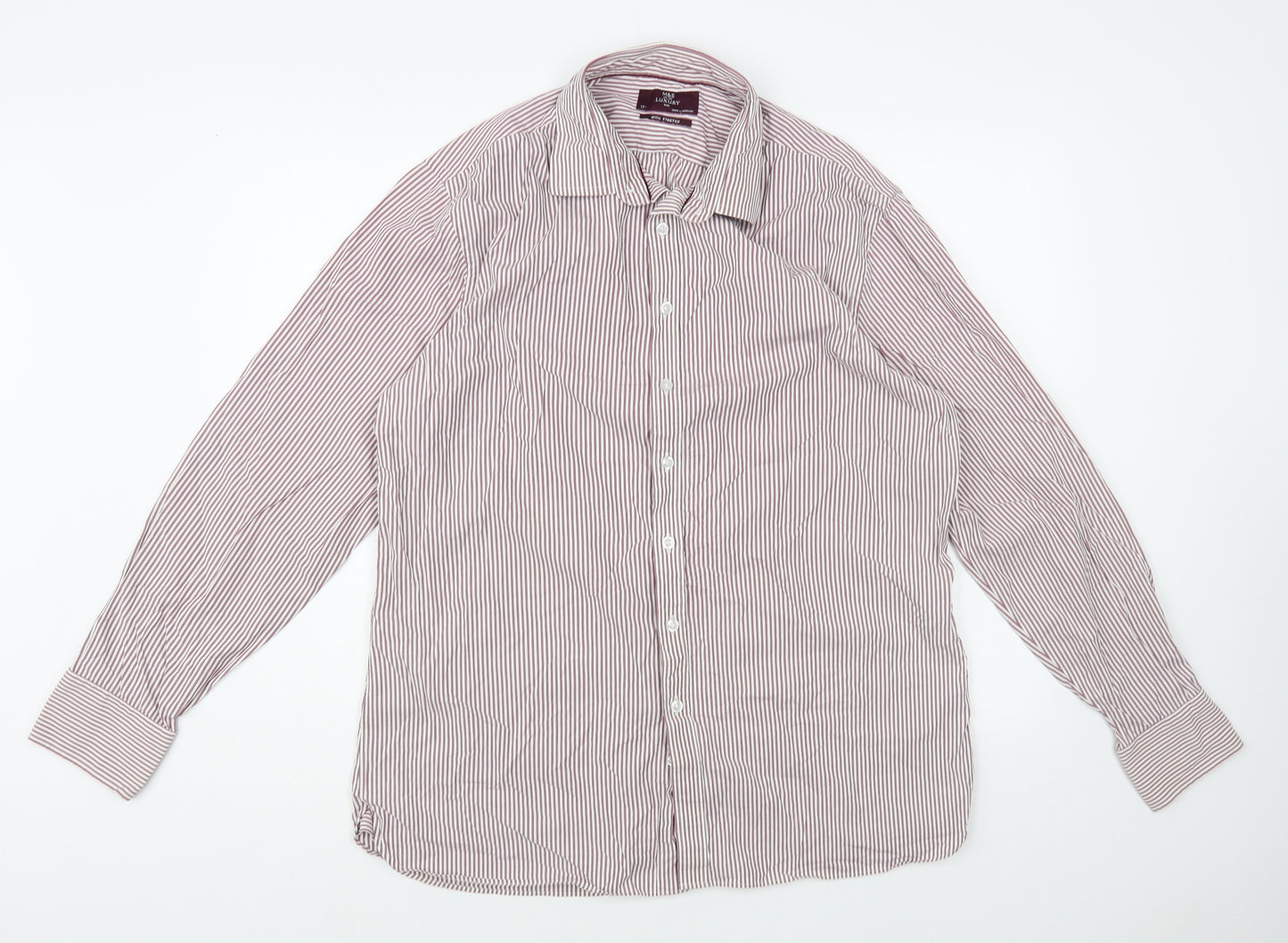 Marls & Spencer Mens Purple Striped Cotton Dress Shirt Size 17 Collared Button