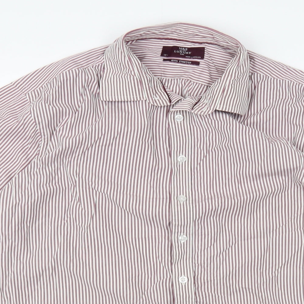 Marls & Spencer Mens Purple Striped Cotton Dress Shirt Size 17 Collared Button