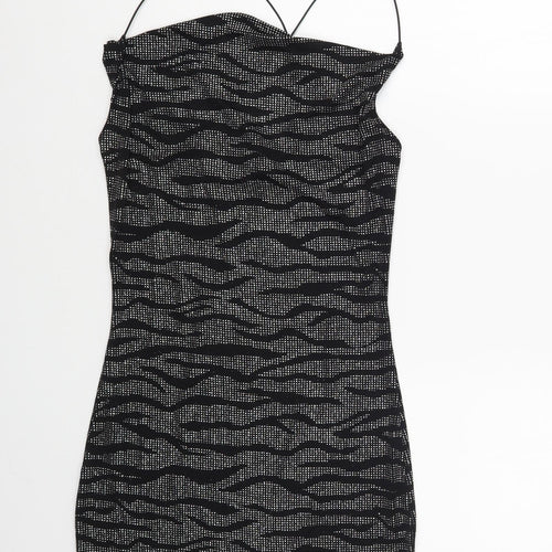 H&M Womens Black Animal Print Nylon Bodycon Size S Cowl Neck Pullover