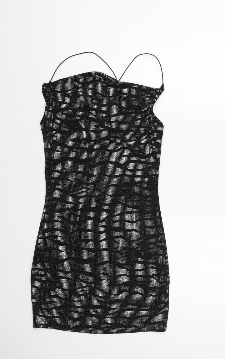H&M Womens Black Animal Print Nylon Bodycon Size S Cowl Neck Pullover