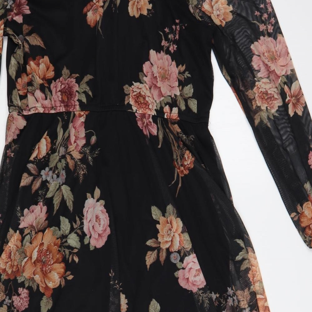 New Look Womens Black Floral Polyester Fit & Flare Size 16 V-Neck Pullover