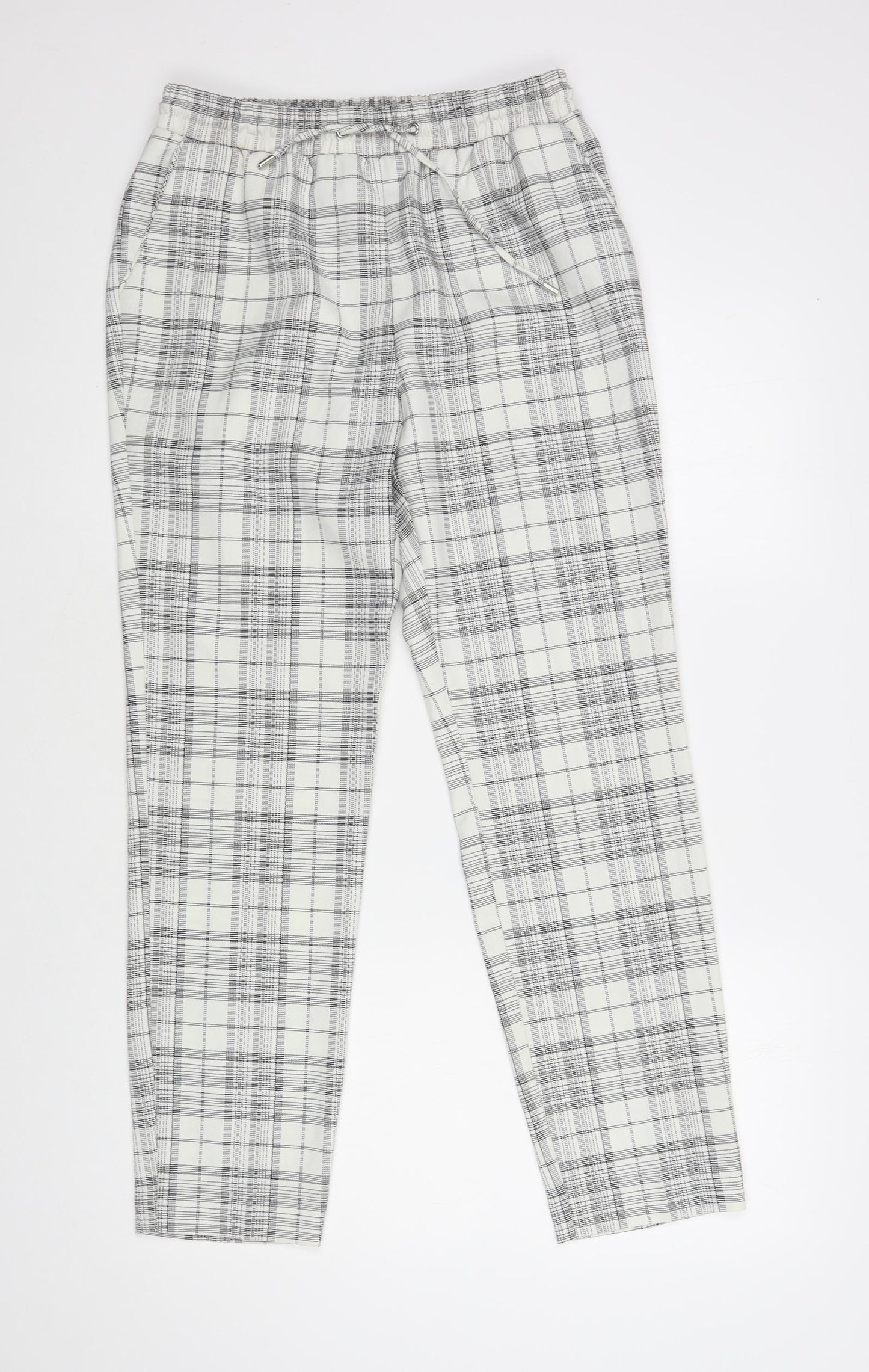 Primark Womens White Plaid Polyester Jogger Trousers Size 8 L28 in Regular Drawstring