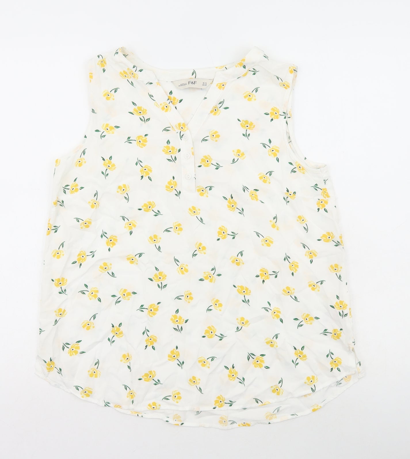 F&F Womens White Floral Viscose Basic Blouse Size 12 V-Neck