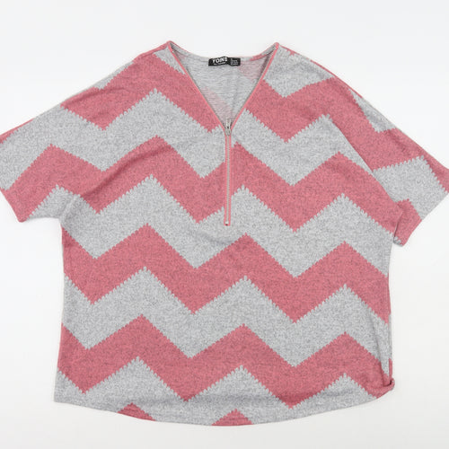 Yonis Womens Pink Striped Polyester Basic T-Shirt Size M V-Neck