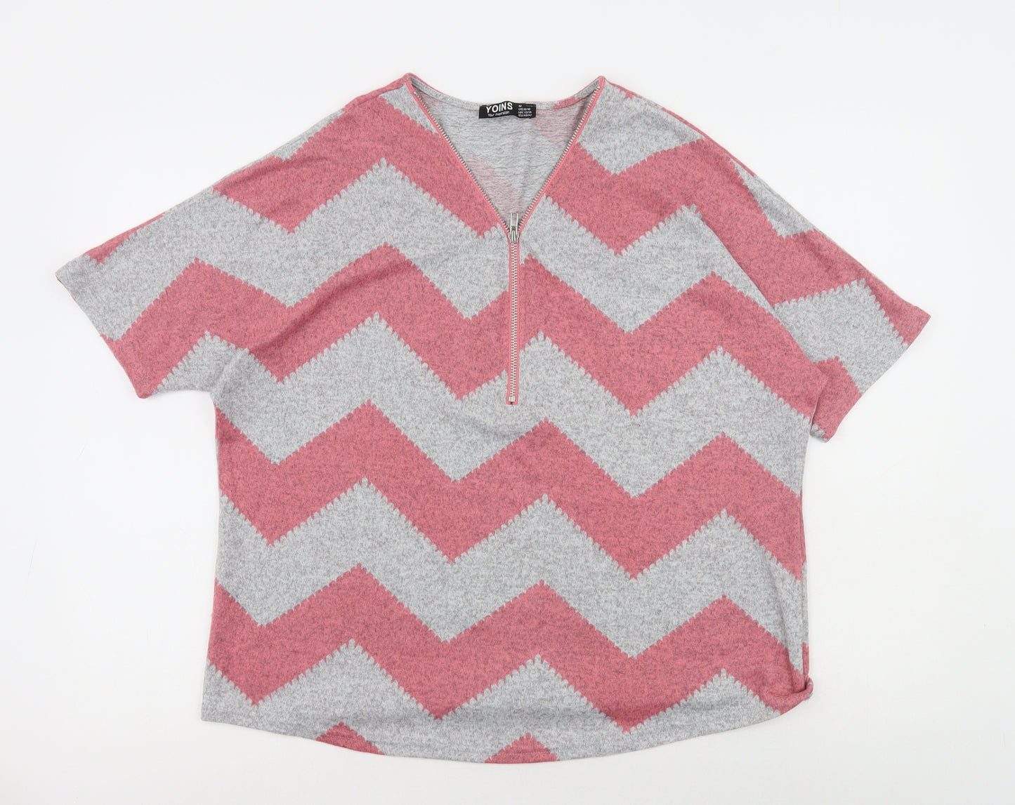 Yonis Womens Pink Striped Polyester Basic T-Shirt Size M V-Neck