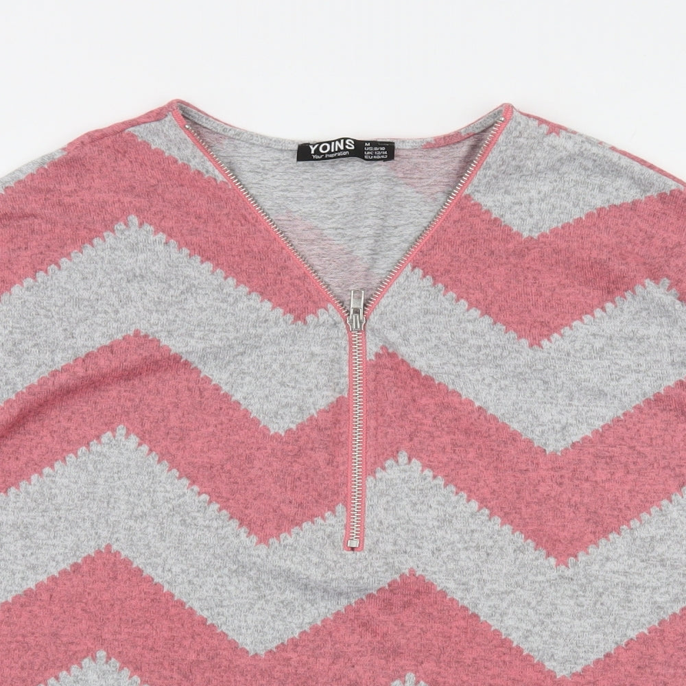 Yonis Womens Pink Striped Polyester Basic T-Shirt Size M V-Neck