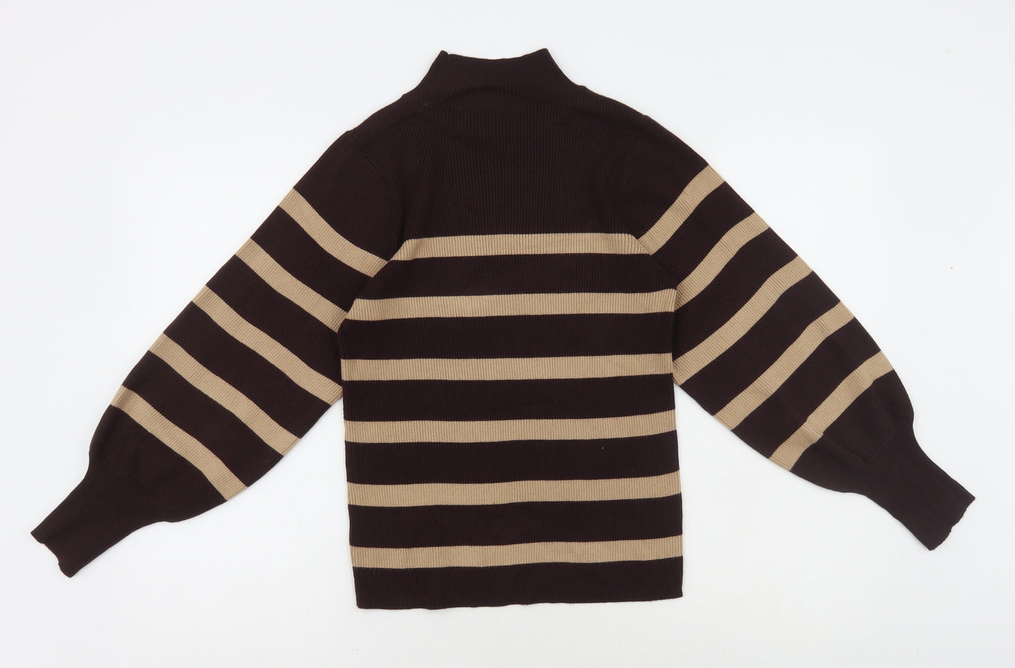 F&F Womens Brown High Neck Striped Viscose Pullover Jumper Size 14