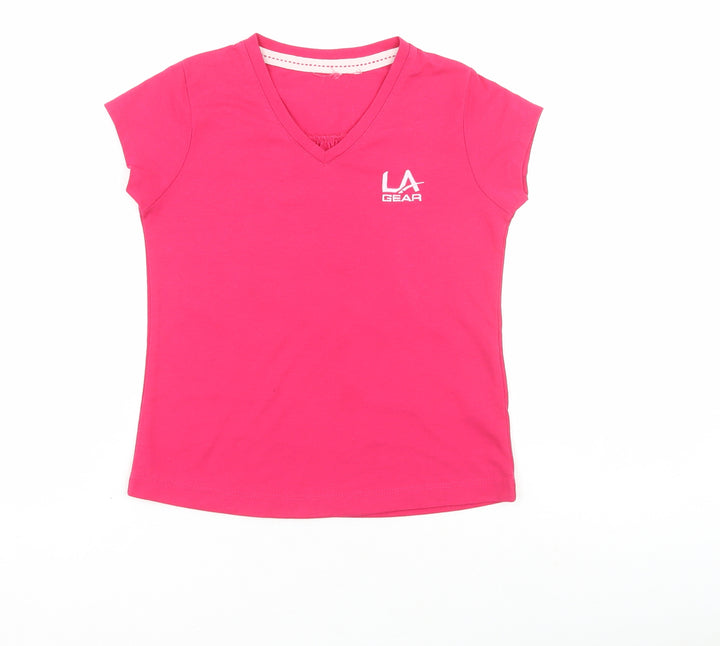 LA Gear Girls Pink Polyester Basic T-Shirt Size 7-8 Years V-Neck