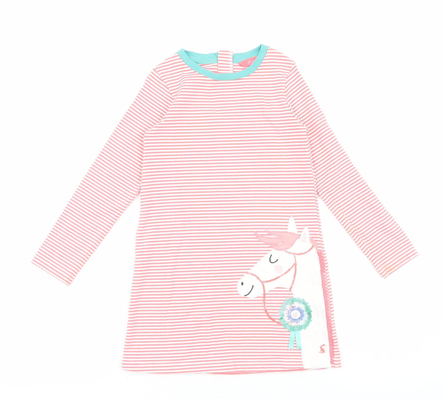 Joules Girls Pink Striped Cotton A-Line Size 7-8 Years Round Neck - Horse
