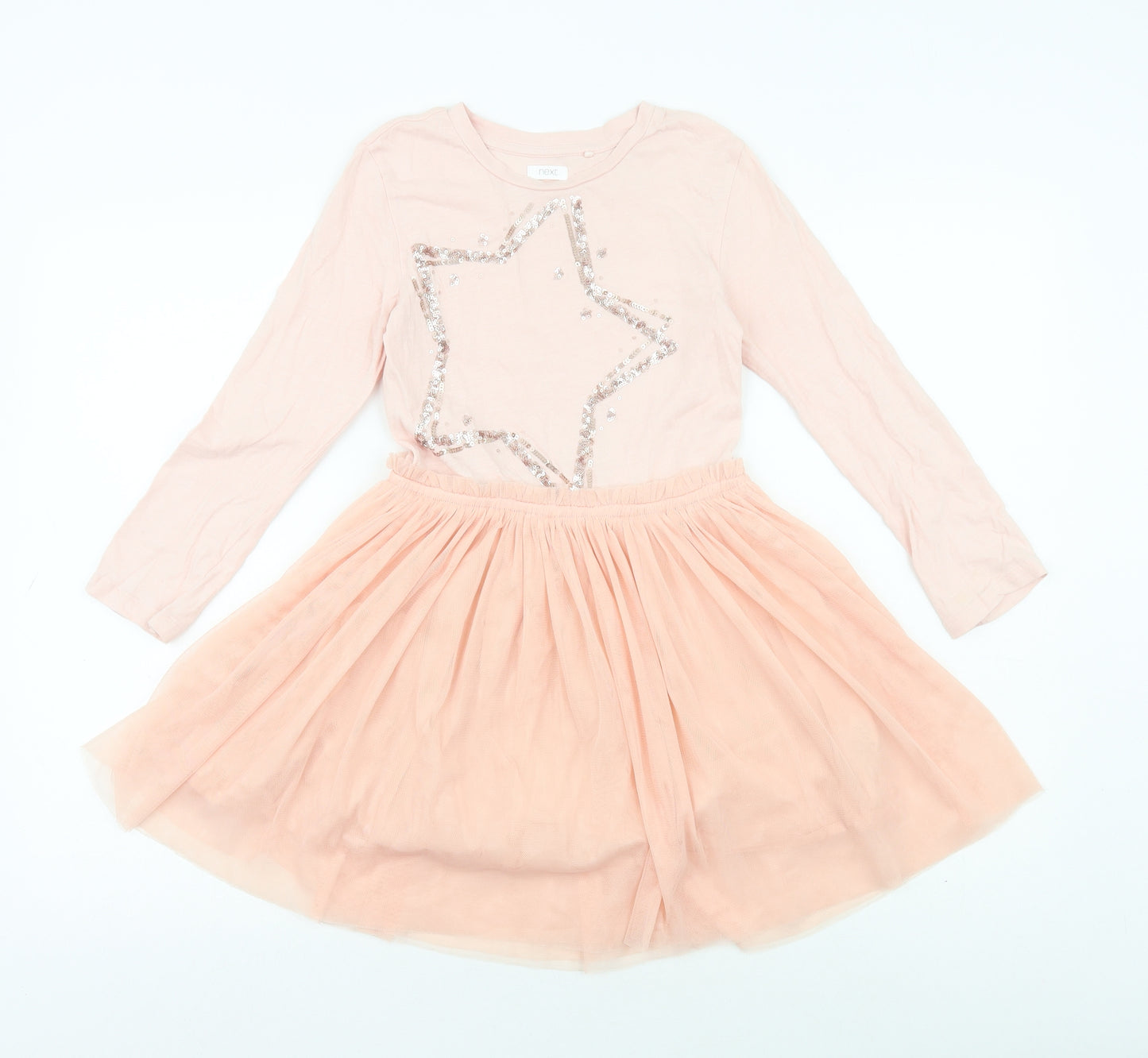 NEXT Girls Pink Cotton Skater Dress Size 8 Years Round Neck