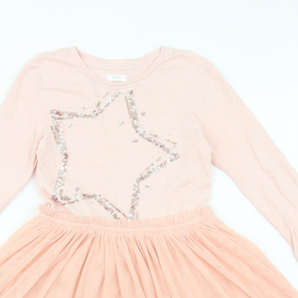 NEXT Girls Pink Cotton Skater Dress Size 8 Years Round Neck