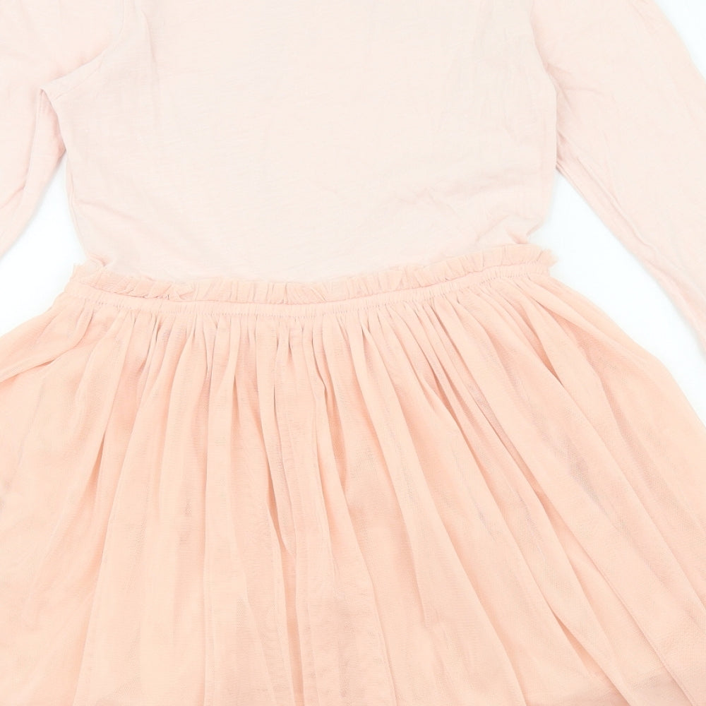 NEXT Girls Pink Cotton Skater Dress Size 8 Years Round Neck