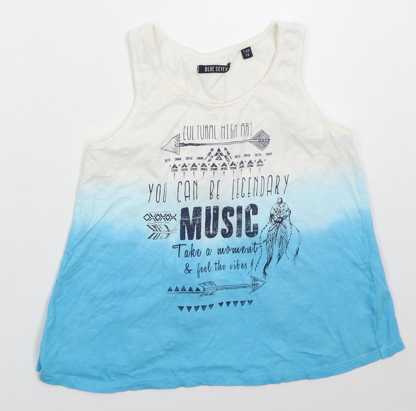 BLue Seven Girls Blue Cotton Basic Tank Size 10 Years Round Neck Pullover - Music