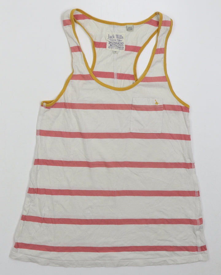 Jack Wills Womens White Striped Cotton Basic Tank Size 8 Round Neck - Pink