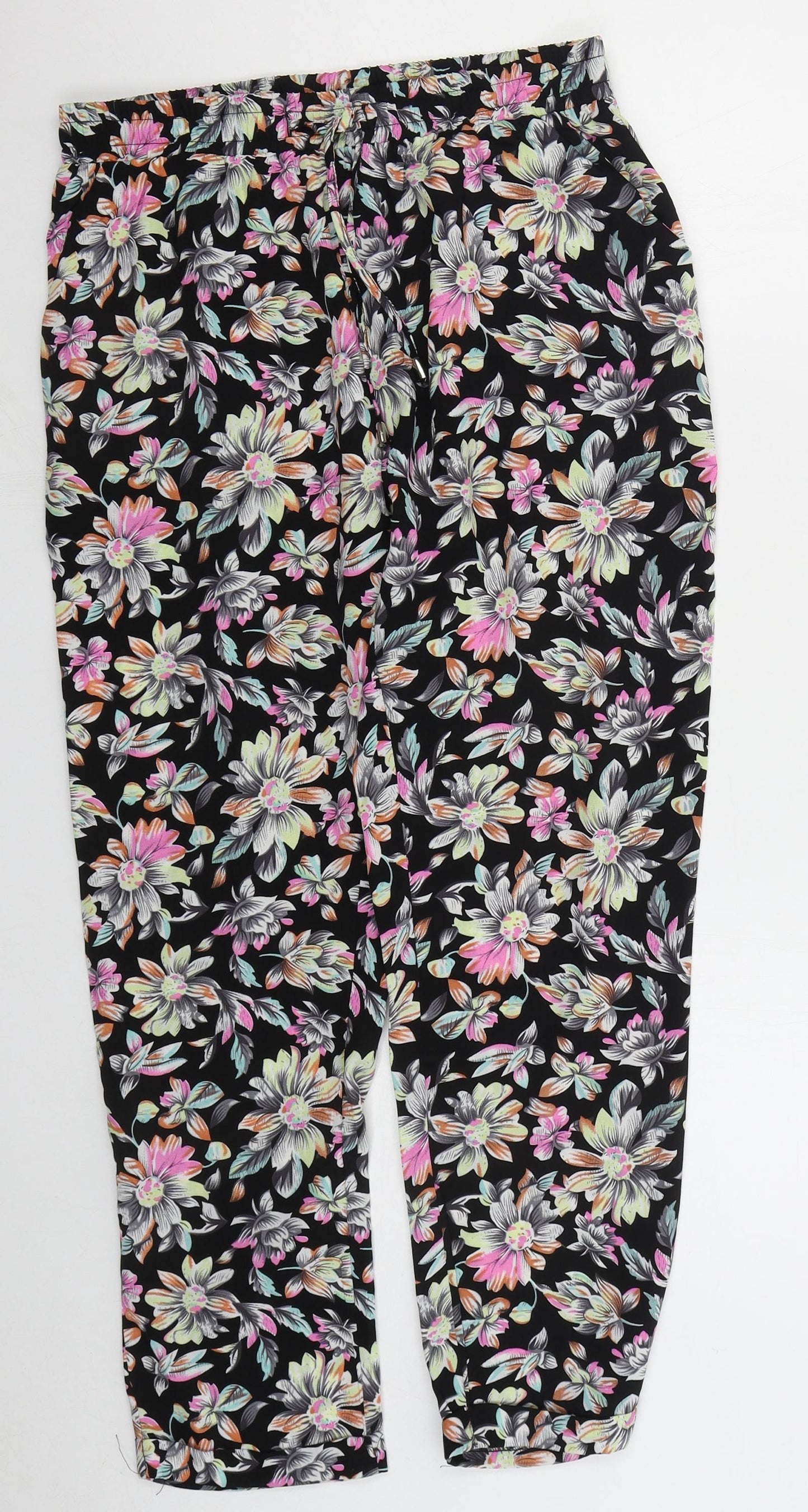 Exhibit Womens Black Floral Polyester Trousers Size 10 L26 in Regular Drawstring