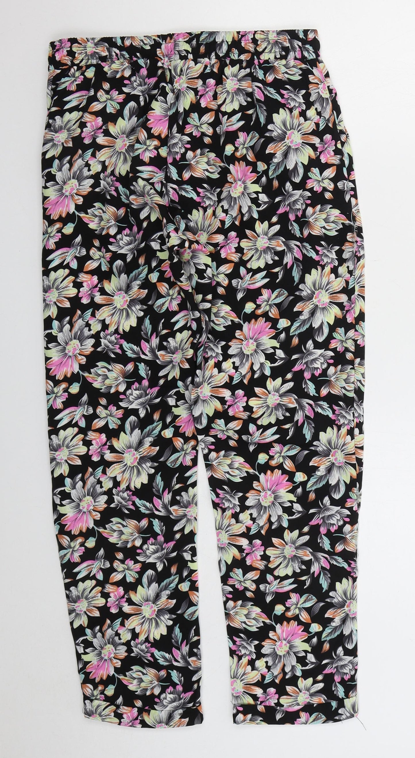 Exhibit Womens Black Floral Polyester Trousers Size 10 L26 in Regular Drawstring