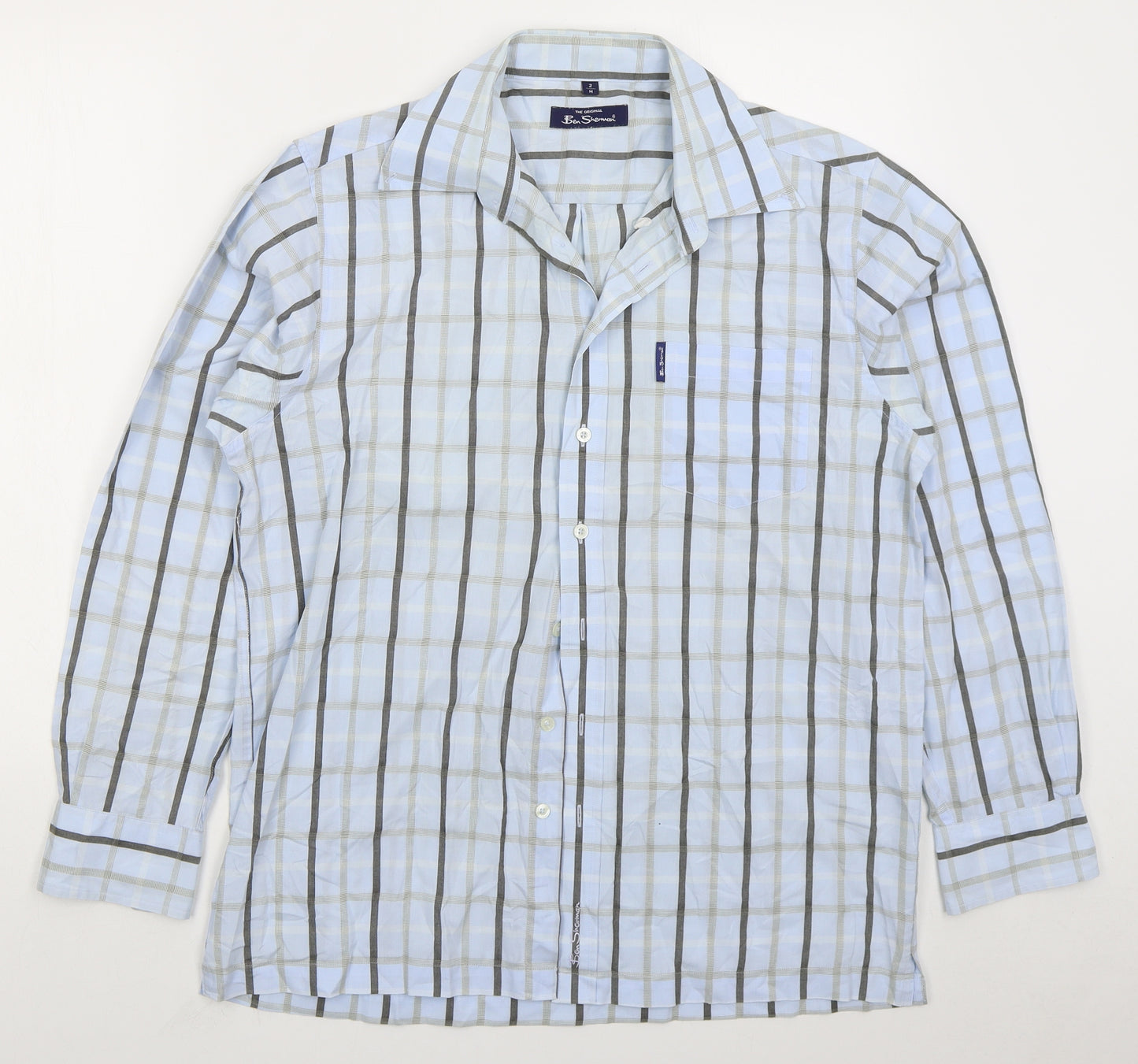 Ben Sherman Mens Blue Check Polyester Button-Up Size M Collared Button