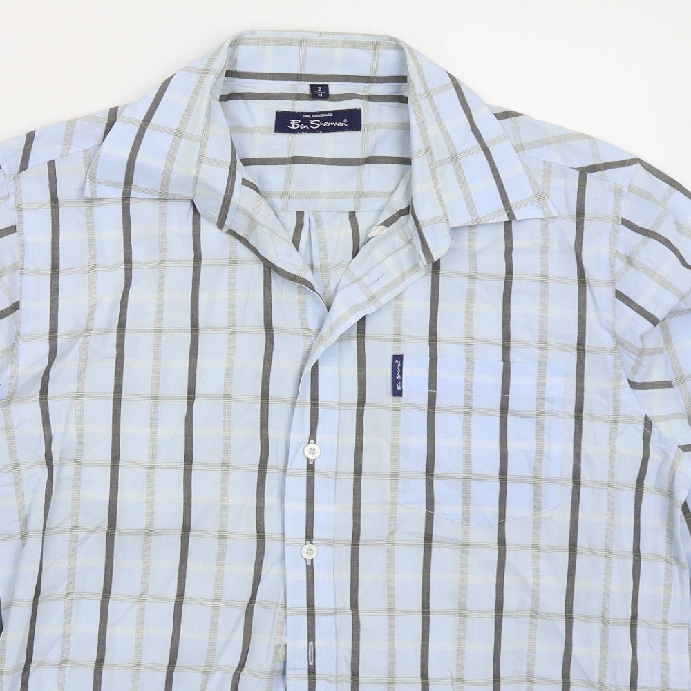 Ben Sherman Mens Blue Check Polyester Button-Up Size M Collared Button