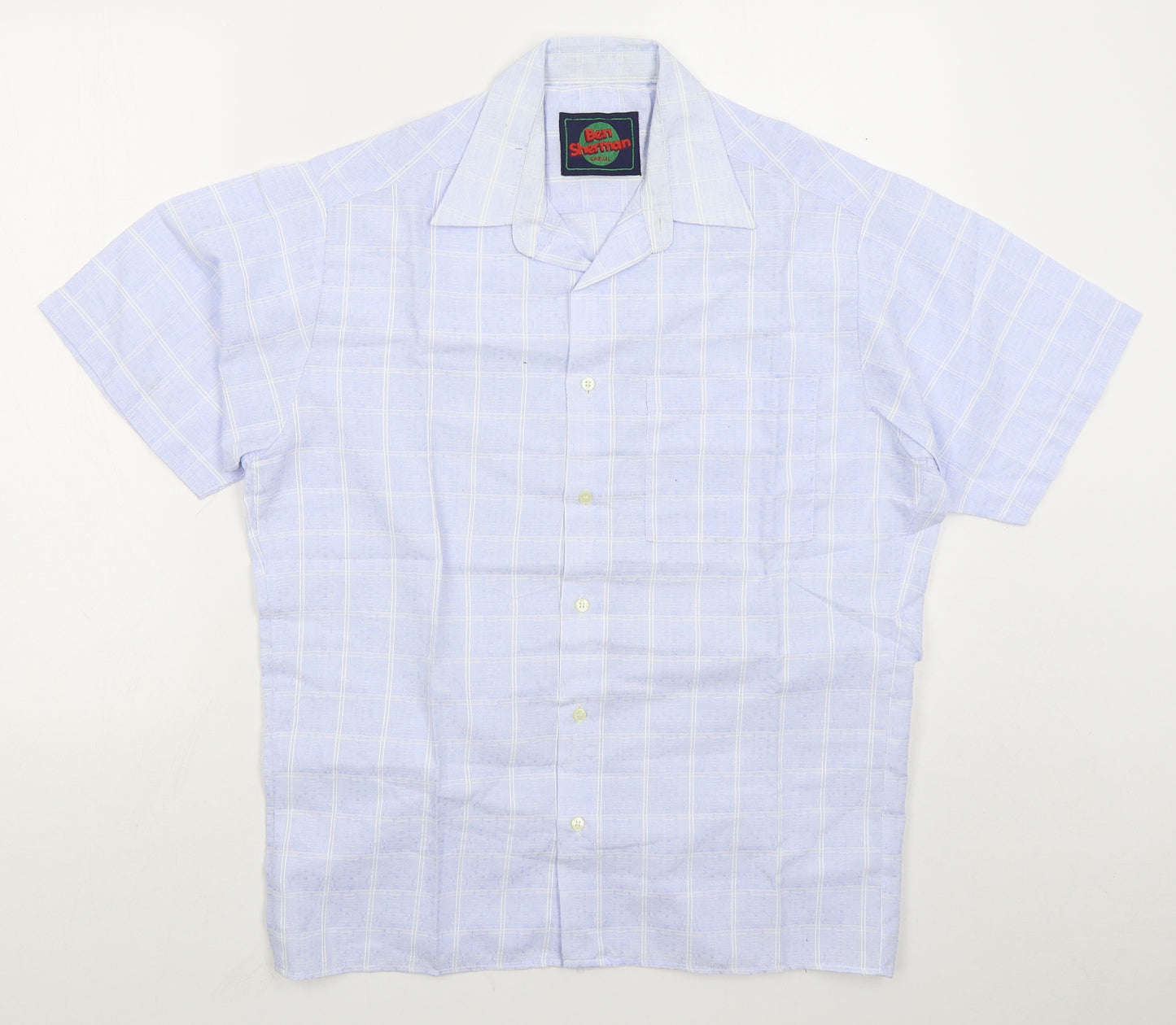 Ben Sherman Mens Blue Check Polyester Button-Up Size M Collared Button