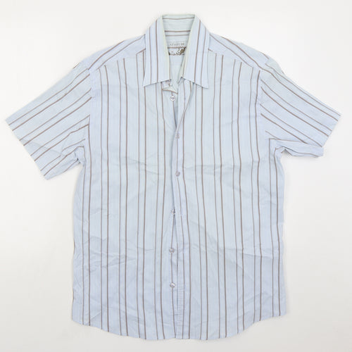 Attitude Mens Blue Striped Cotton Button-Up Size M Collared Button