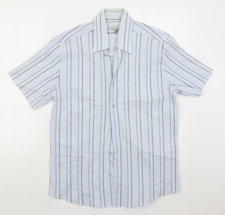 Attitude Mens Blue Striped Cotton Button-Up Size M Collared Button