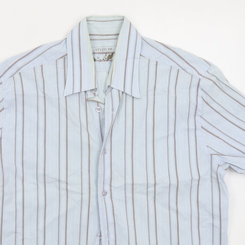 Attitude Mens Blue Striped Cotton Button-Up Size M Collared Button