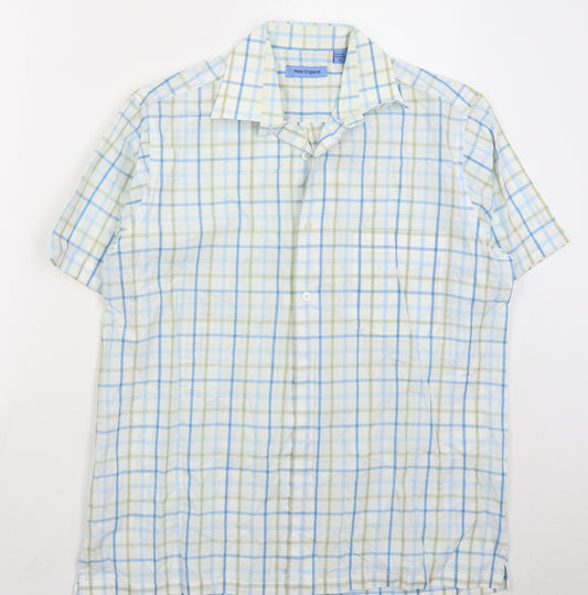 Front view of Peter England men’s blue check polyester button-up, size M, collared button