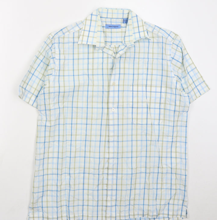 Peter England Mens Blue Check Polyester Button-Up Size M Collared Button