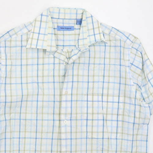 Peter England Mens Blue Check Polyester Button-Up Size M Collared Button