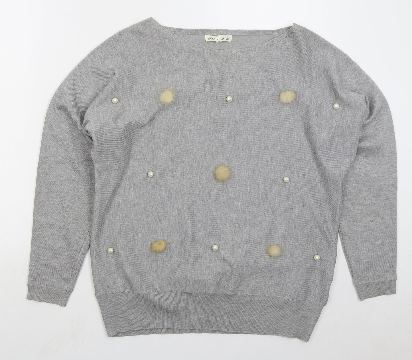 Millenium Womens Grey Boat Neck Viscose Pullover Jumper Size M - Pom Pom