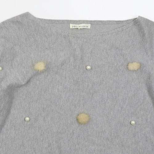 Millenium Womens Grey Boat Neck Viscose Pullover Jumper Size M - Pom Pom