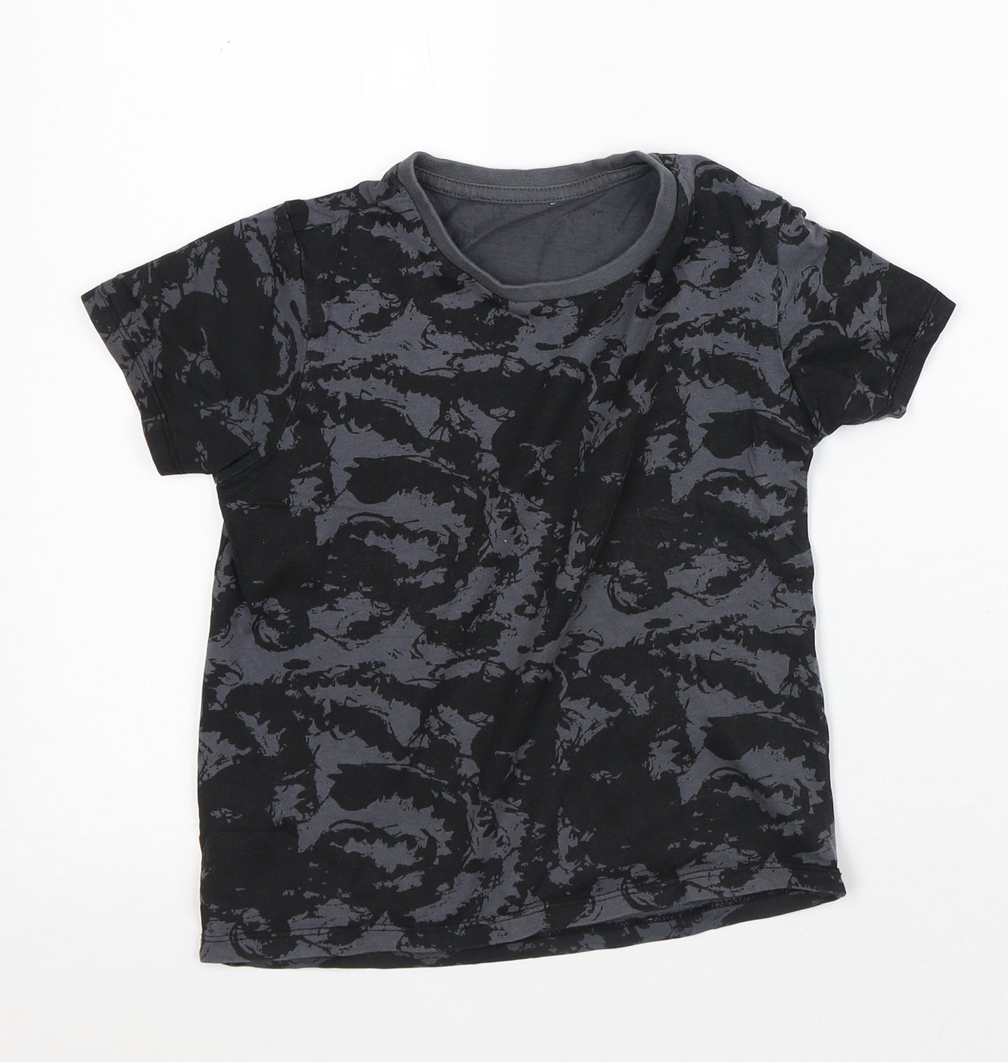 Pep & Co Boys Black Geometric Cotton Basic T-Shirt Size 6-7 Years Crew Neck
