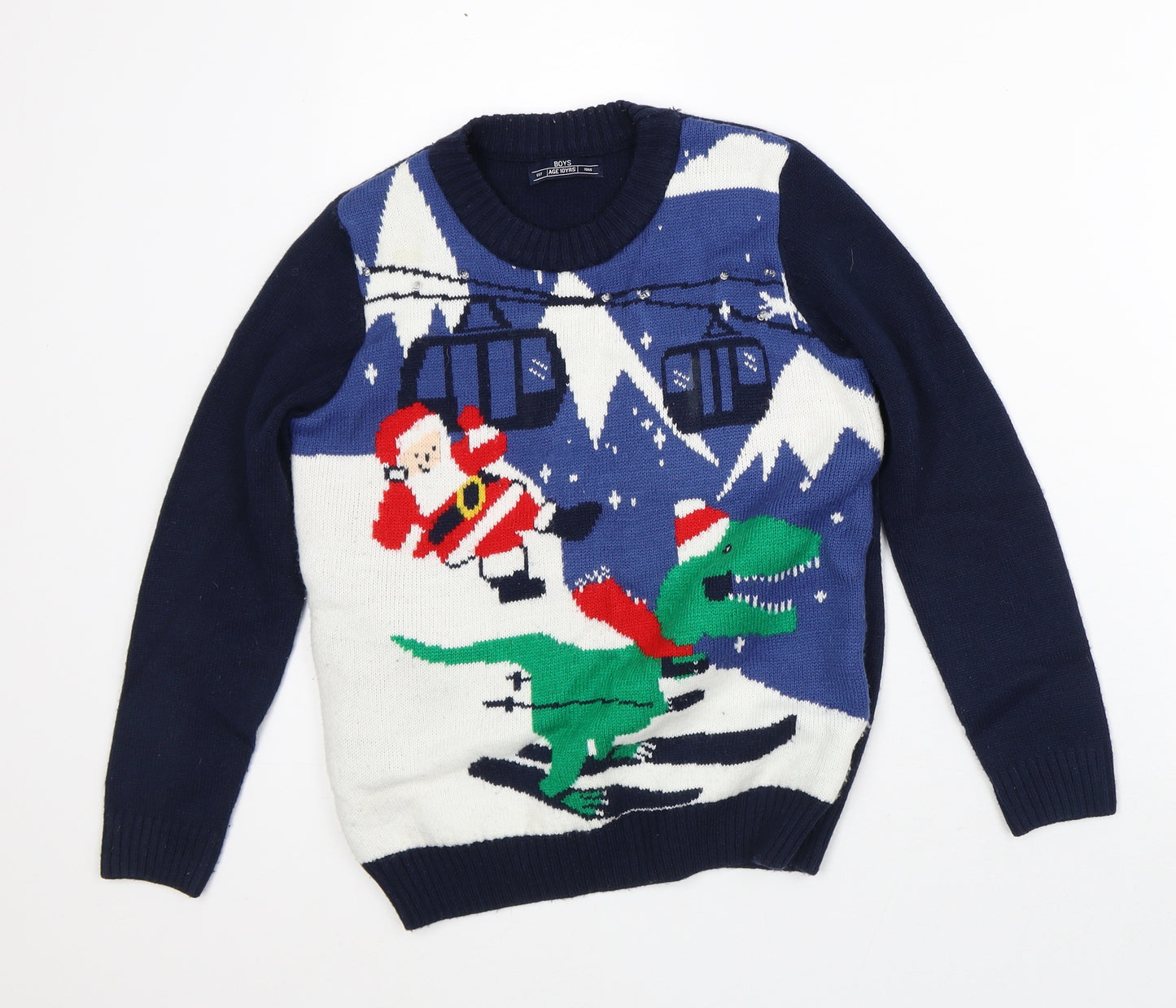 Matalan Boys Blue Crew Neck Geometric Acrylic Pullover Jumper Size 10 Years - Christmas