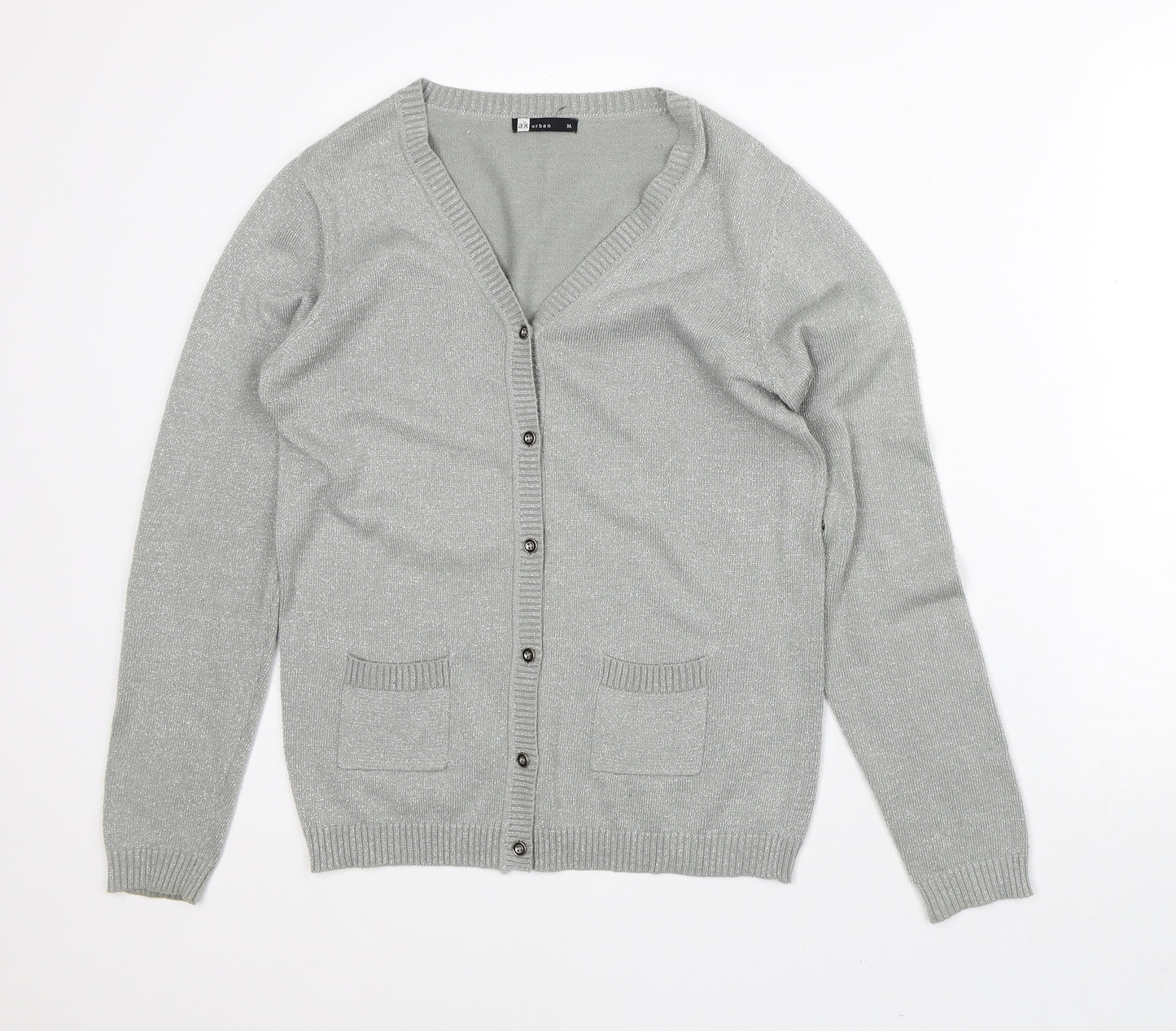 AK Urban Womens Silver V-Neck Acrylic Cardigan Jumper Size M