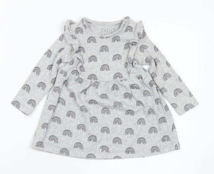 F&F Girls Grey Geometric Viscose Jumper Dress Size 6-9 Months Round Neck - Rainbows