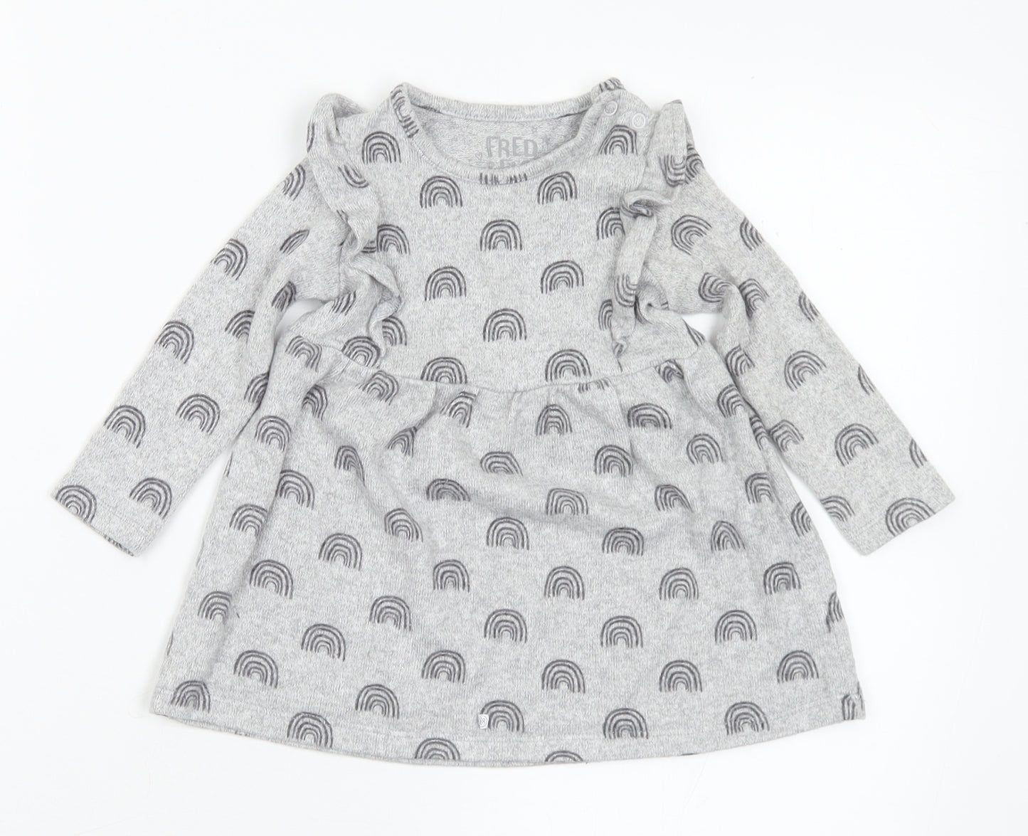 F&F Girls Grey Geometric Viscose Jumper Dress Size 6-9 Months Round Neck - Rainbows