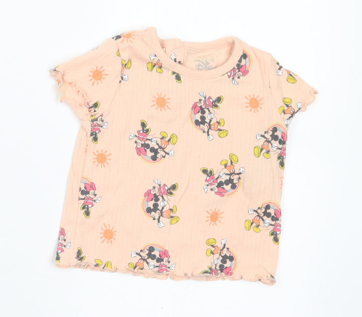Primark Girls Pink Geometric Cotton Basic T-Shirt Size 3-6 Months Round Neck - Disney