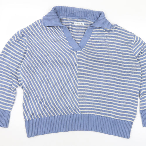 Gallery Womens Blue Collared Striped Cotton Pullover Jumper Size L