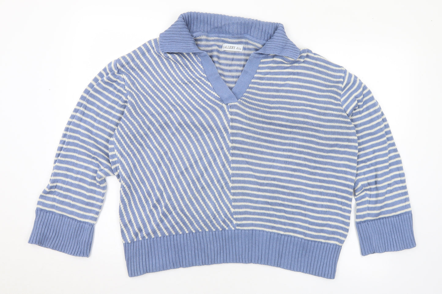 Gallery Womens Blue Collared Striped Cotton Pullover Jumper Size L
