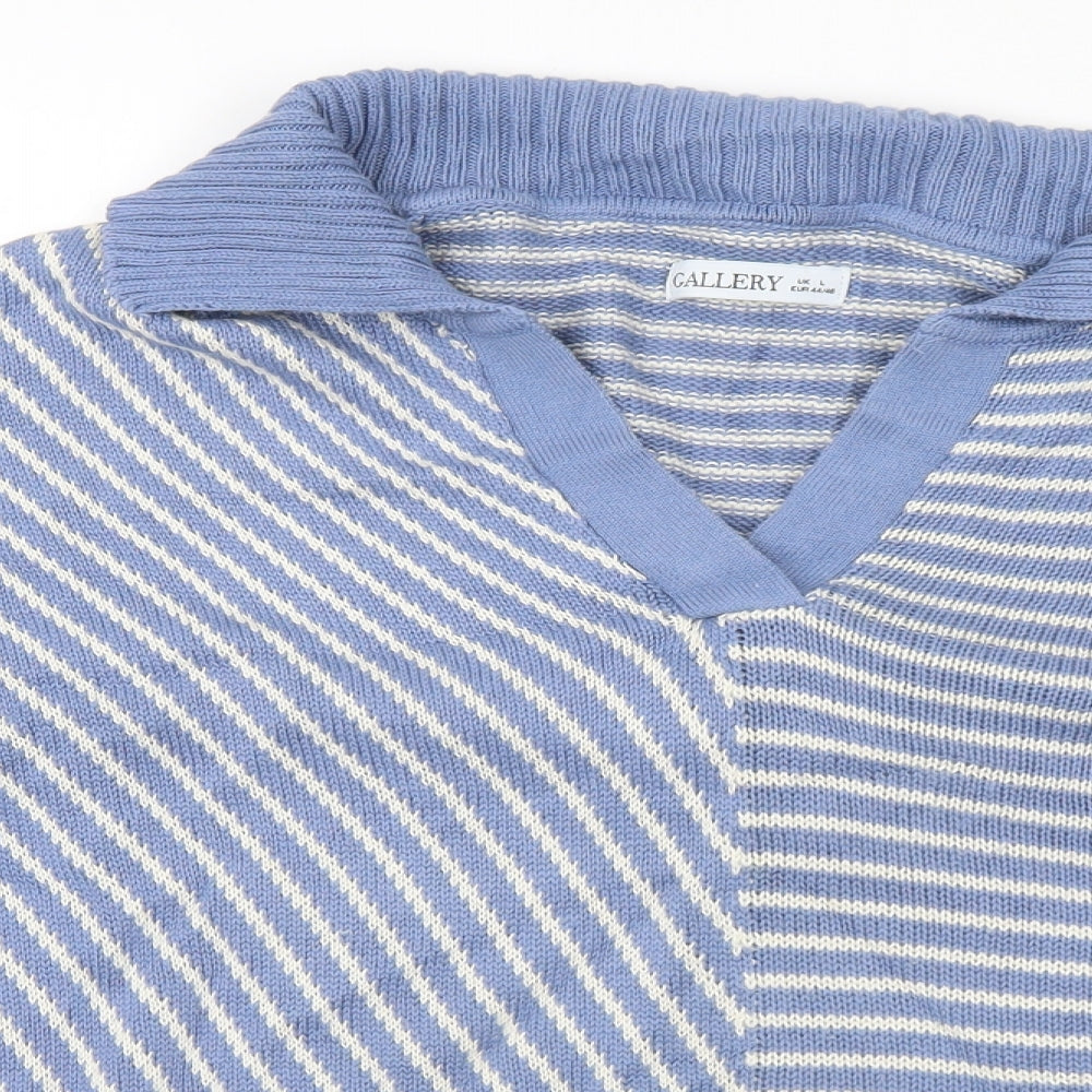 Gallery Womens Blue Collared Striped Cotton Pullover Jumper Size L
