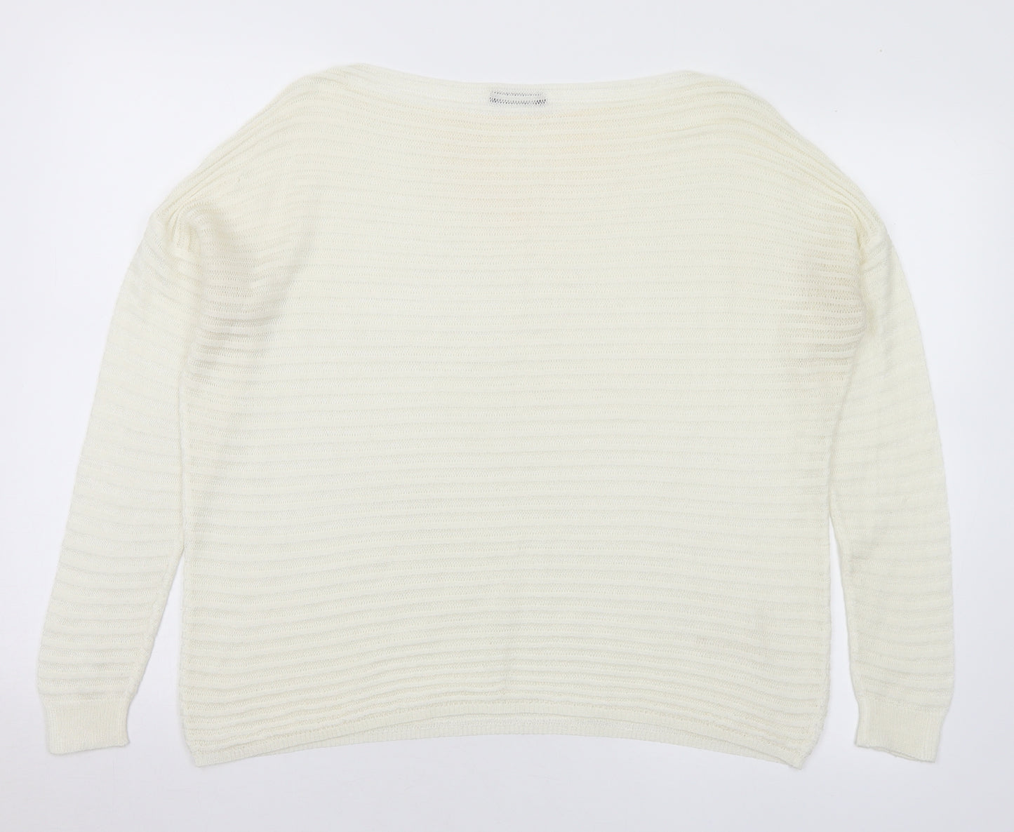 Sisley Womens White Boat Neck Striped Acrylic Pullover Jumper Size L - Sheer