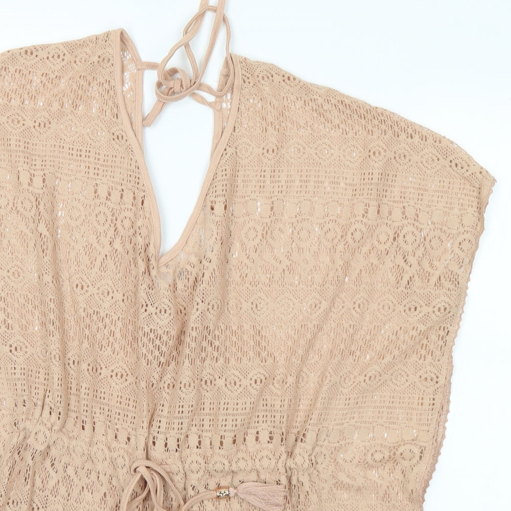 Preworn Womens Brown V-Neck Polyester Pullover Jumper Size S - Beach Cover Up