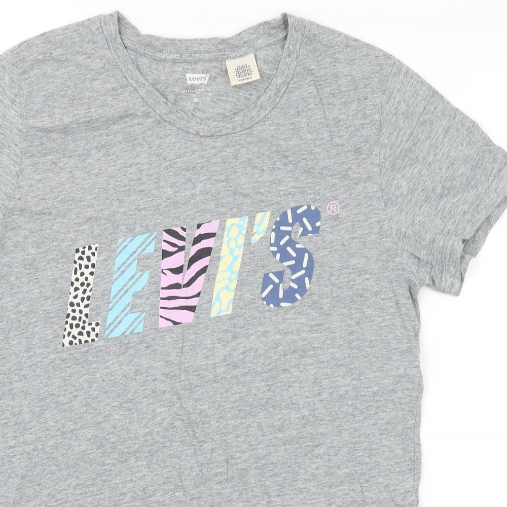 Levi Womens Grey Animal Print Cotton Basic T-Shirt Size XS Crew Neck - Logo