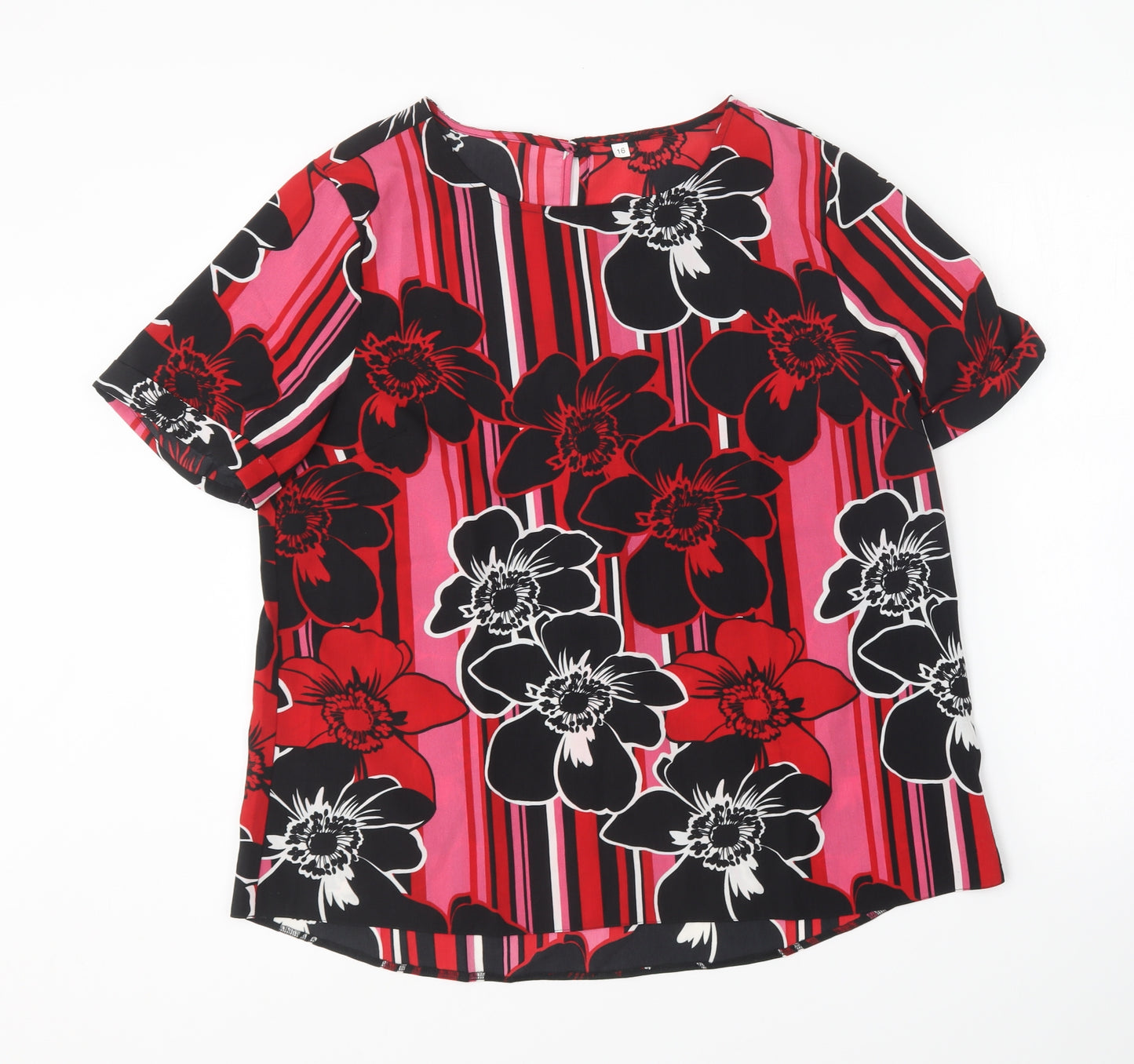 Preworn Womens Multicoloured Floral Polyester Basic Blouse Size 16 Round Neck
