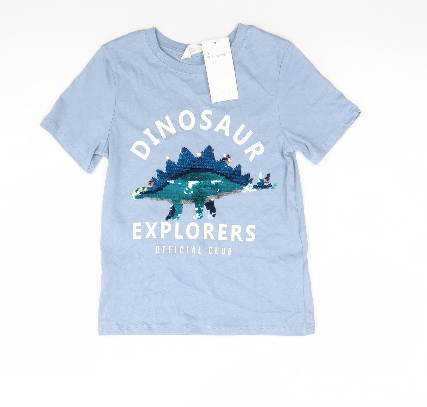 H&M Boys Blue 100% Cotton Jersey T-Shirt Size 7-8 Years Crew Neck Pullover - Dinosaur