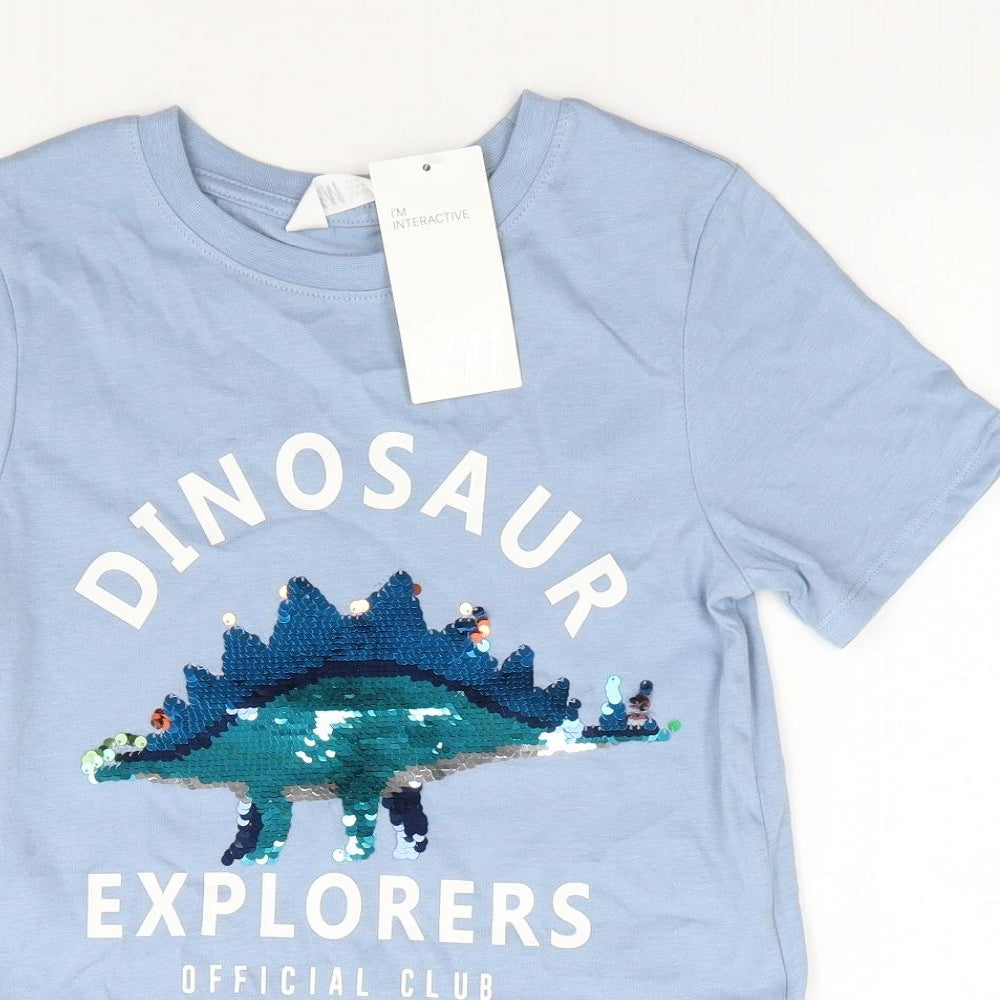 H&M Boys Blue 100% Cotton Jersey T-Shirt Size 7-8 Years Crew Neck Pullover - Dinosaur
