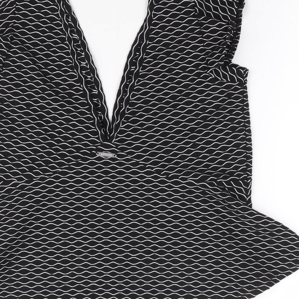 GUESS Womens Black Geometric Polyester Jersey T-Shirt Size 8 V-Neck