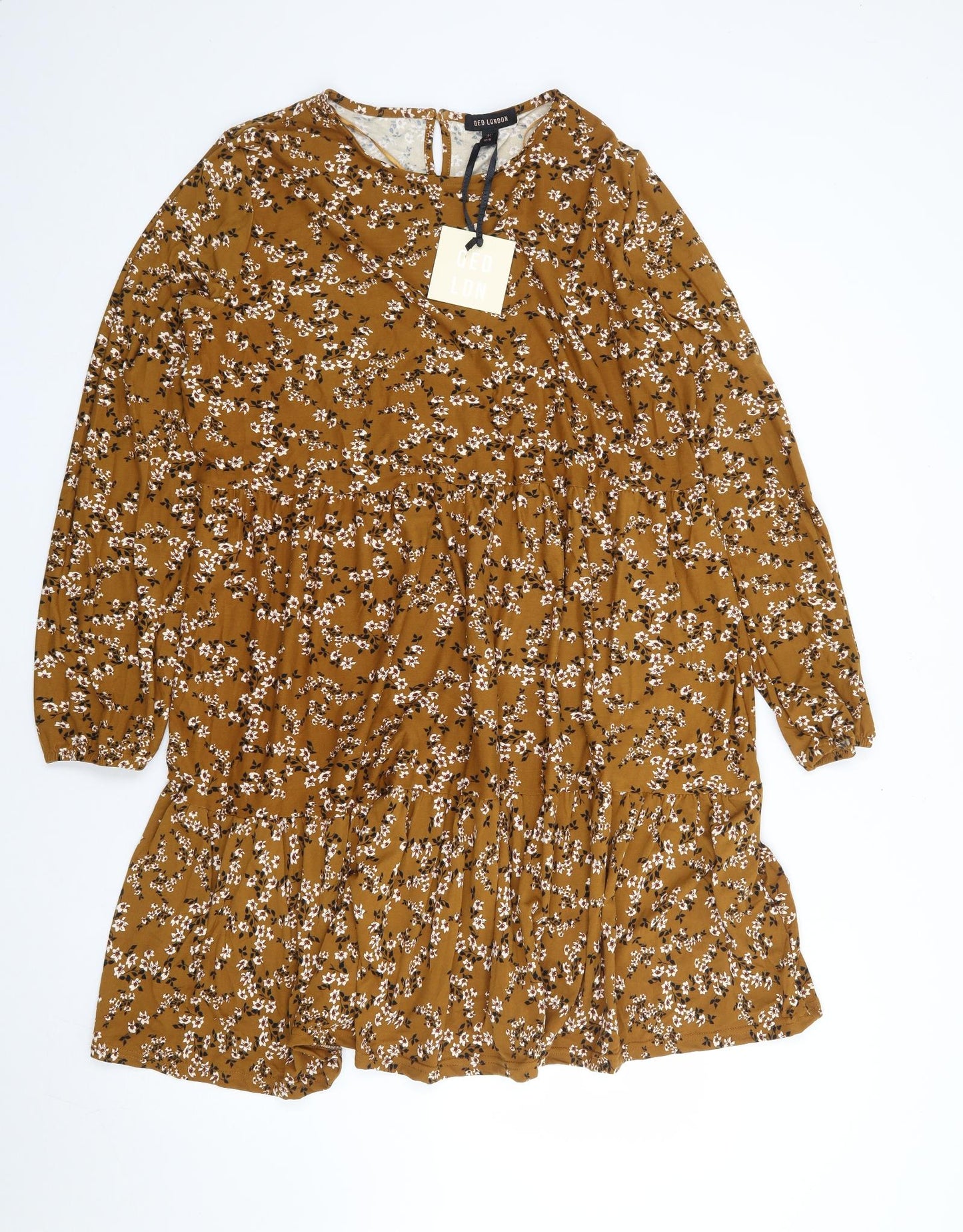 QED London Womens Brown Floral Polyester Fit & Flare Size L Round Neck Pullover